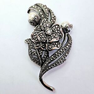 Vintage Signed KJL For Avon Large Marcasite Faux Pearl Textured Bouquet Brooch